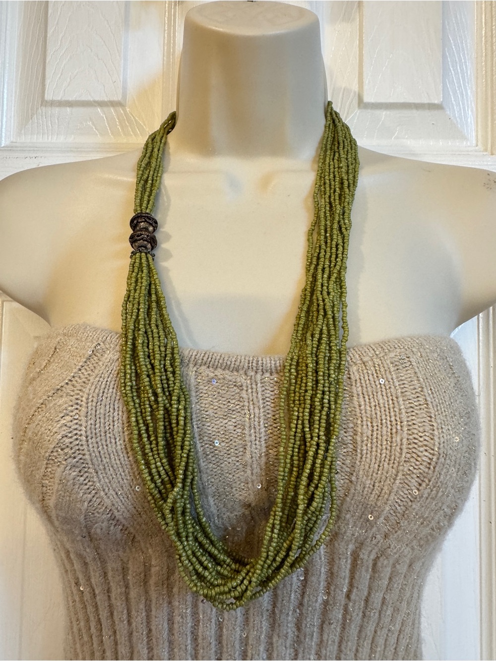 Vintage green necklace multi-strand seed beads and silver tone metal ornament